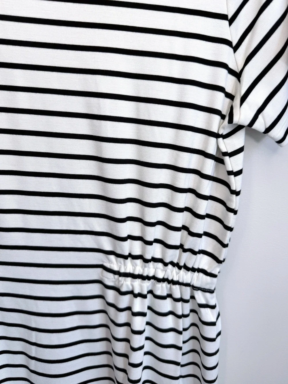 NWT LOFT Black and White Stripe Gathered Waist Mini Tee Dress Size Small Petite